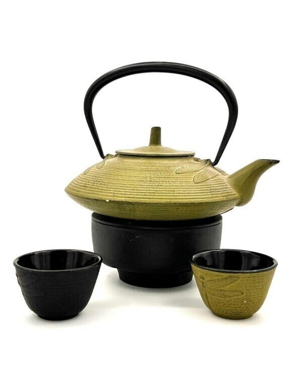 Miya Green Dragonfly Cast Iron Tea set w/ cast iron teapot 2 cups & warming pot